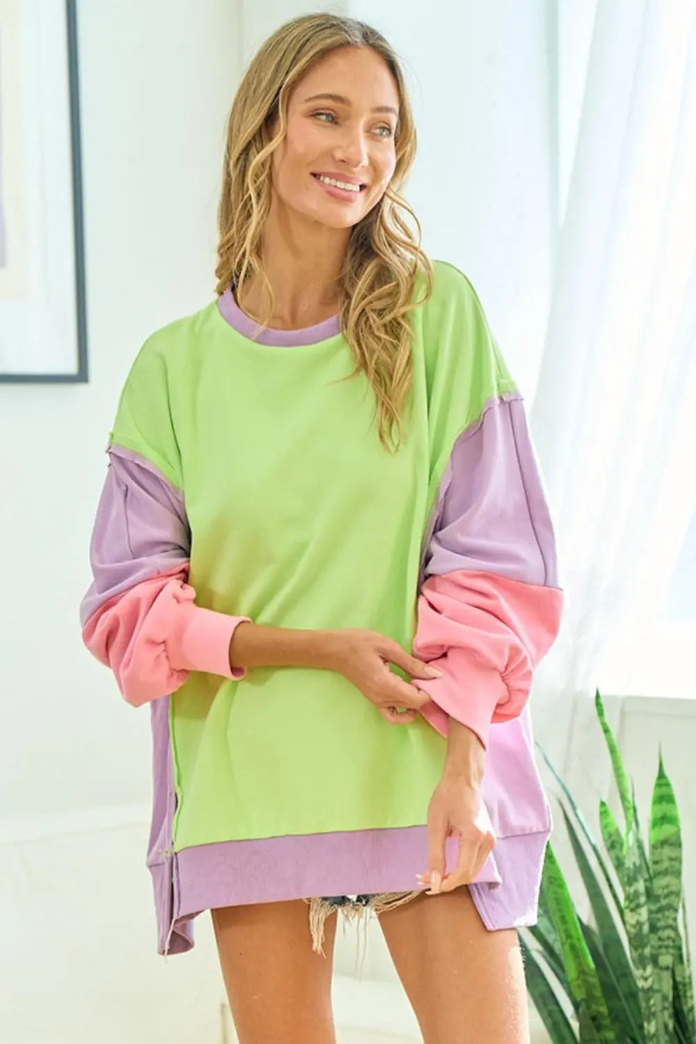 First Love Color Block Long Sleeve Slit Sweatshirt - Kittybear Krafts