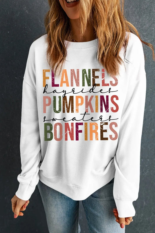 Flannels Hayrides Pumpkins Sweaters Bonfires Fall Graphic Round Neck Long Sleeve Sweat shirt - Kittybear Krafts