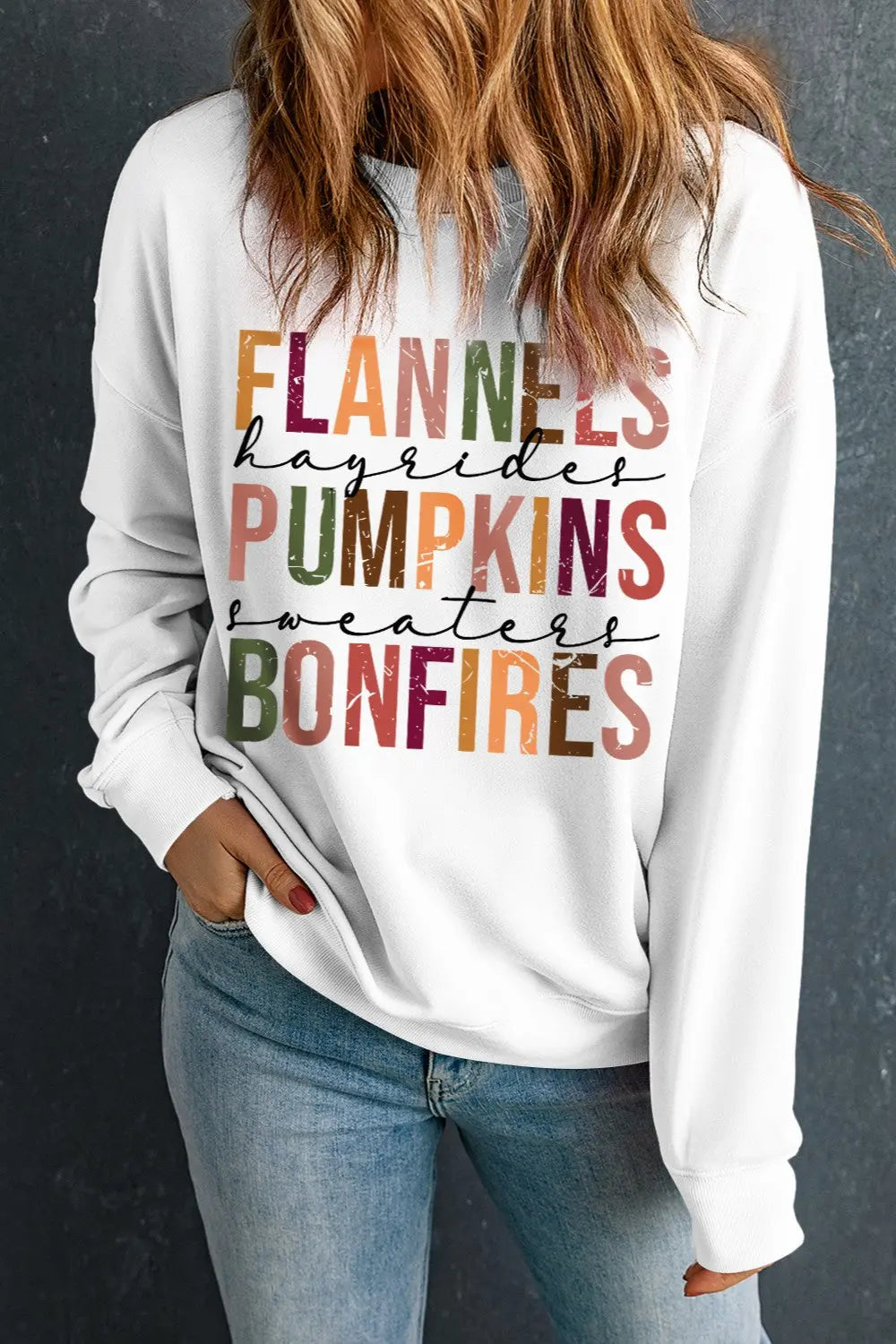 Flannels Hayrides Pumpkins Sweaters Bonfires Fall Graphic Round Neck Long Sleeve Sweat shirt - Kittybear Krafts