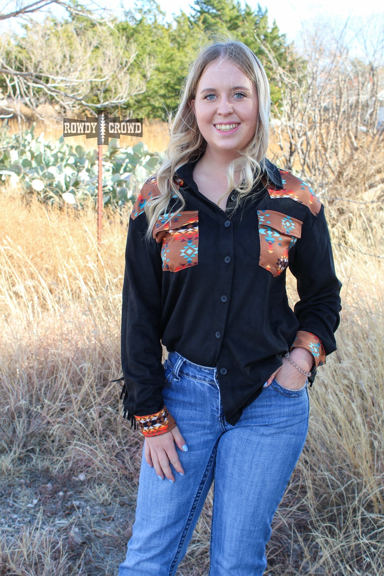 Flatland Fringe Western Aztec Button Up Top