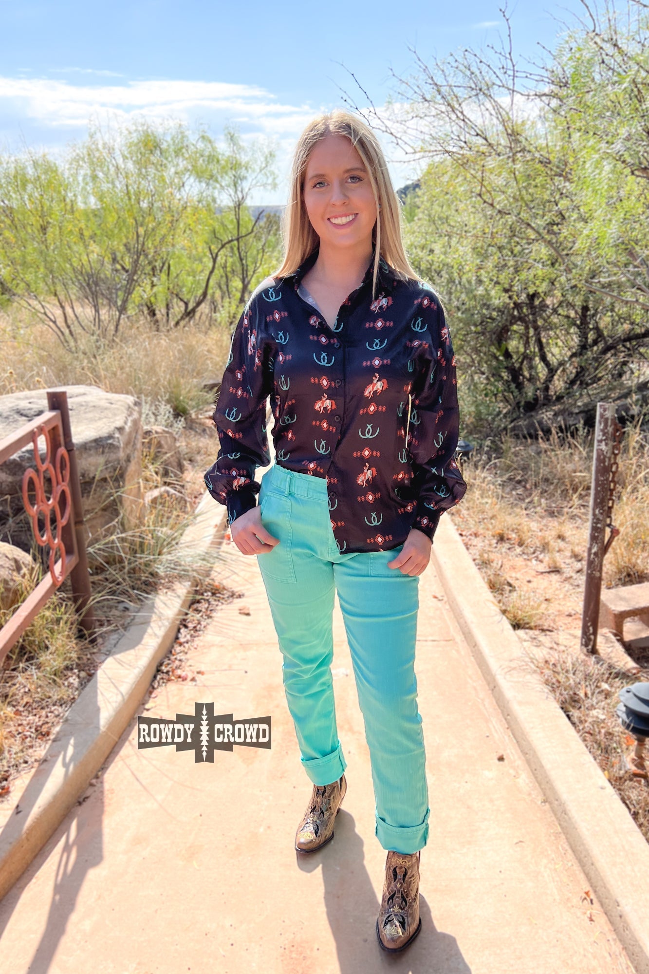 Rodeo Sweetheart Western Silky Button Up Blouse