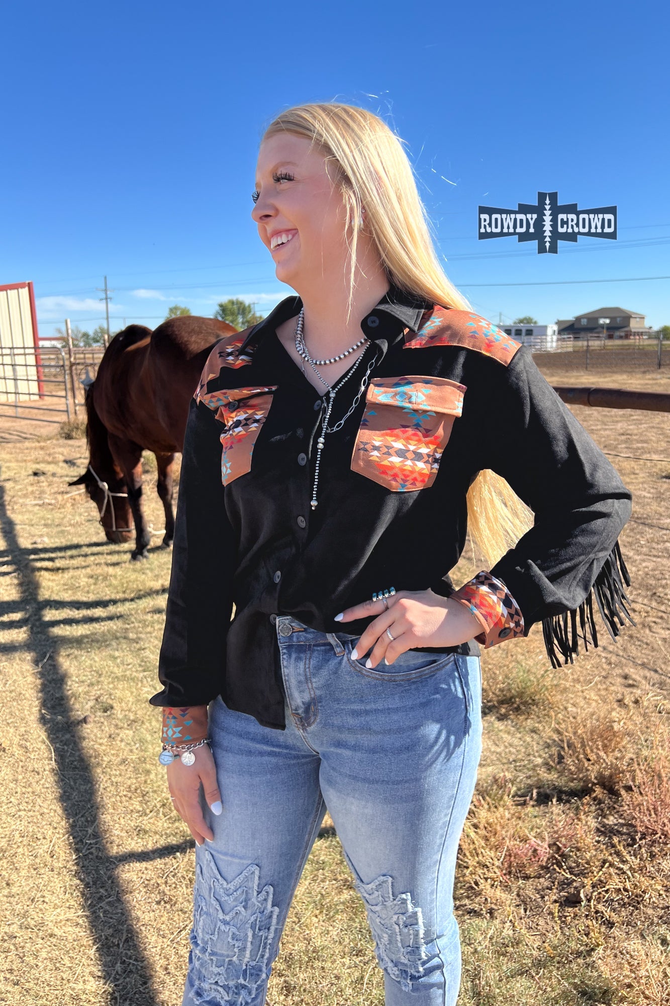 Flatland Fringe Western Aztec Button Up Top