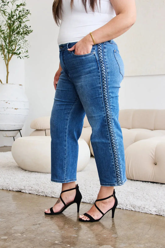 Judy Blue Full Size Braid Side Detail Wide Leg Jeans - Kittybear Krafts