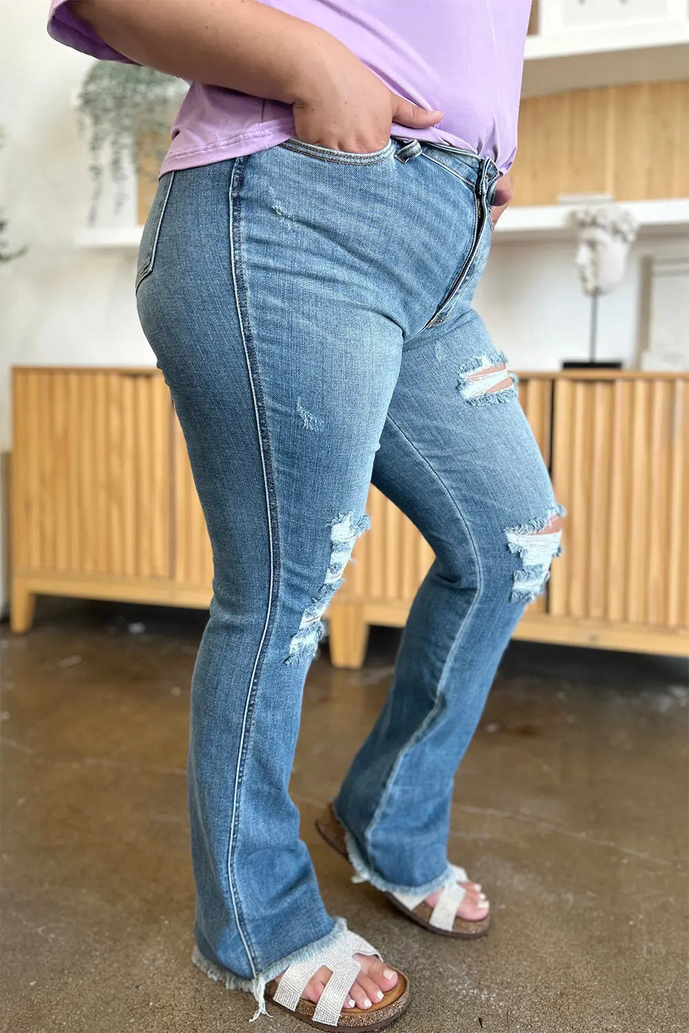 Judy Blue Full Size Distressed Raw Hem Bootcut Jeans - Kittybear Krafts