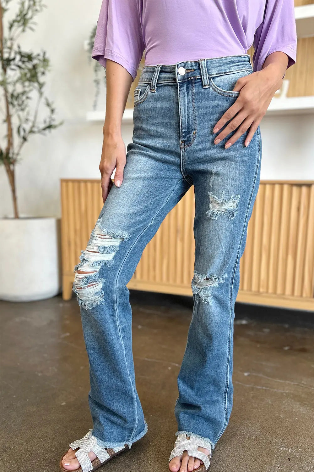 Judy Blue Full Size Distressed Raw Hem Bootcut Jeans - Kittybear Krafts