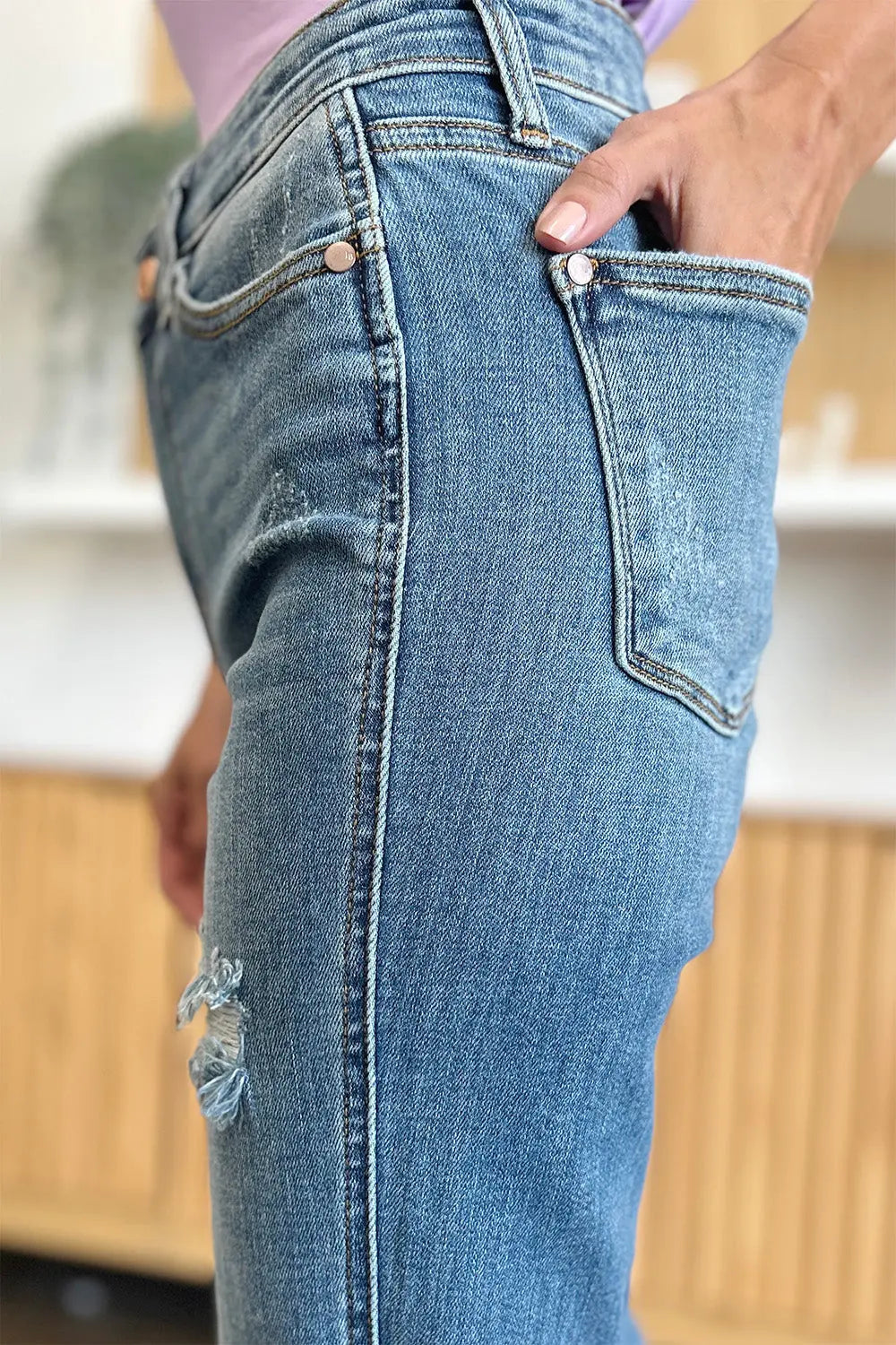 Judy Blue Full Size Distressed Raw Hem Bootcut Jeans - Kittybear Krafts