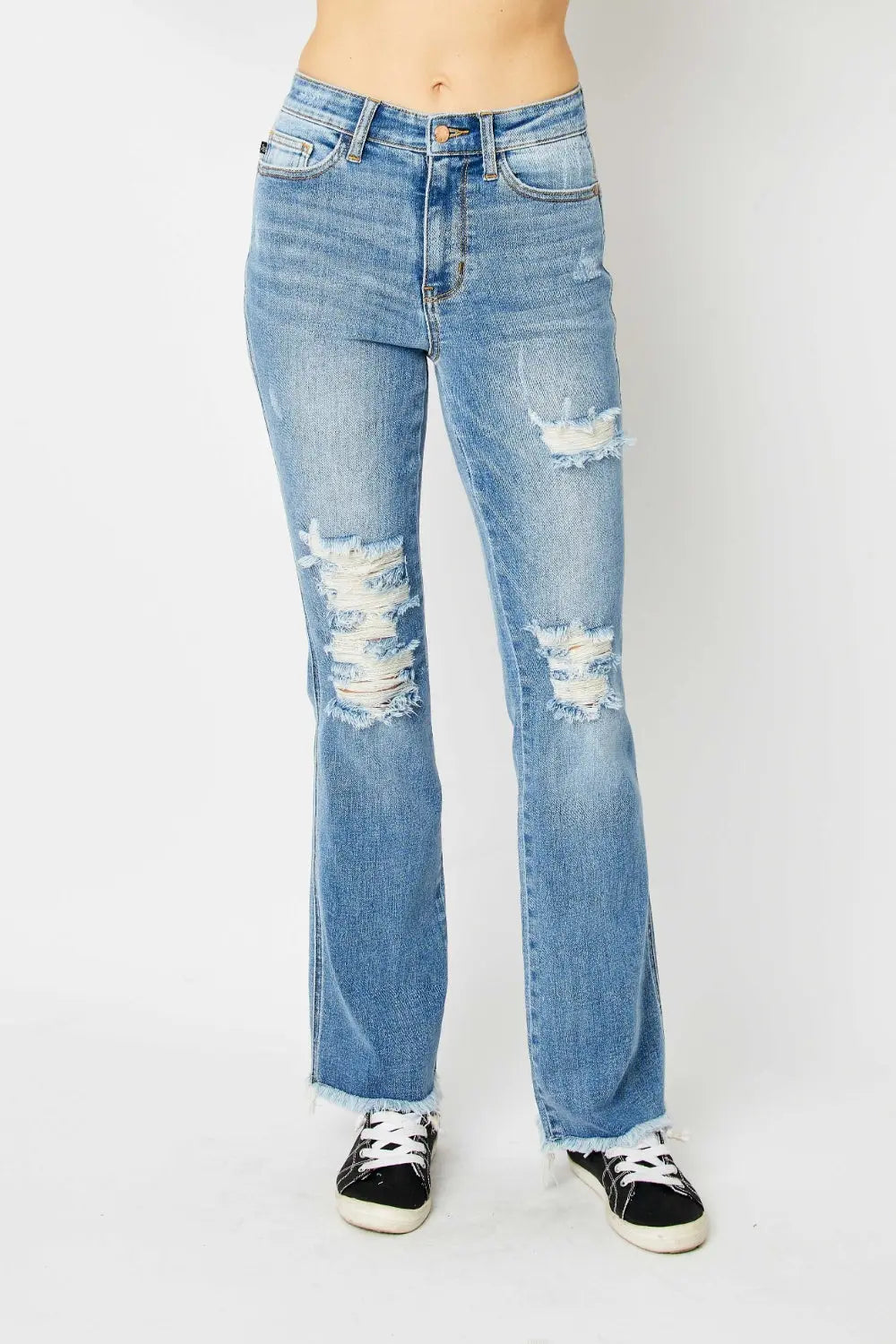 Judy Blue Full Size Distressed Raw Hem Bootcut Jeans - Kittybear Krafts