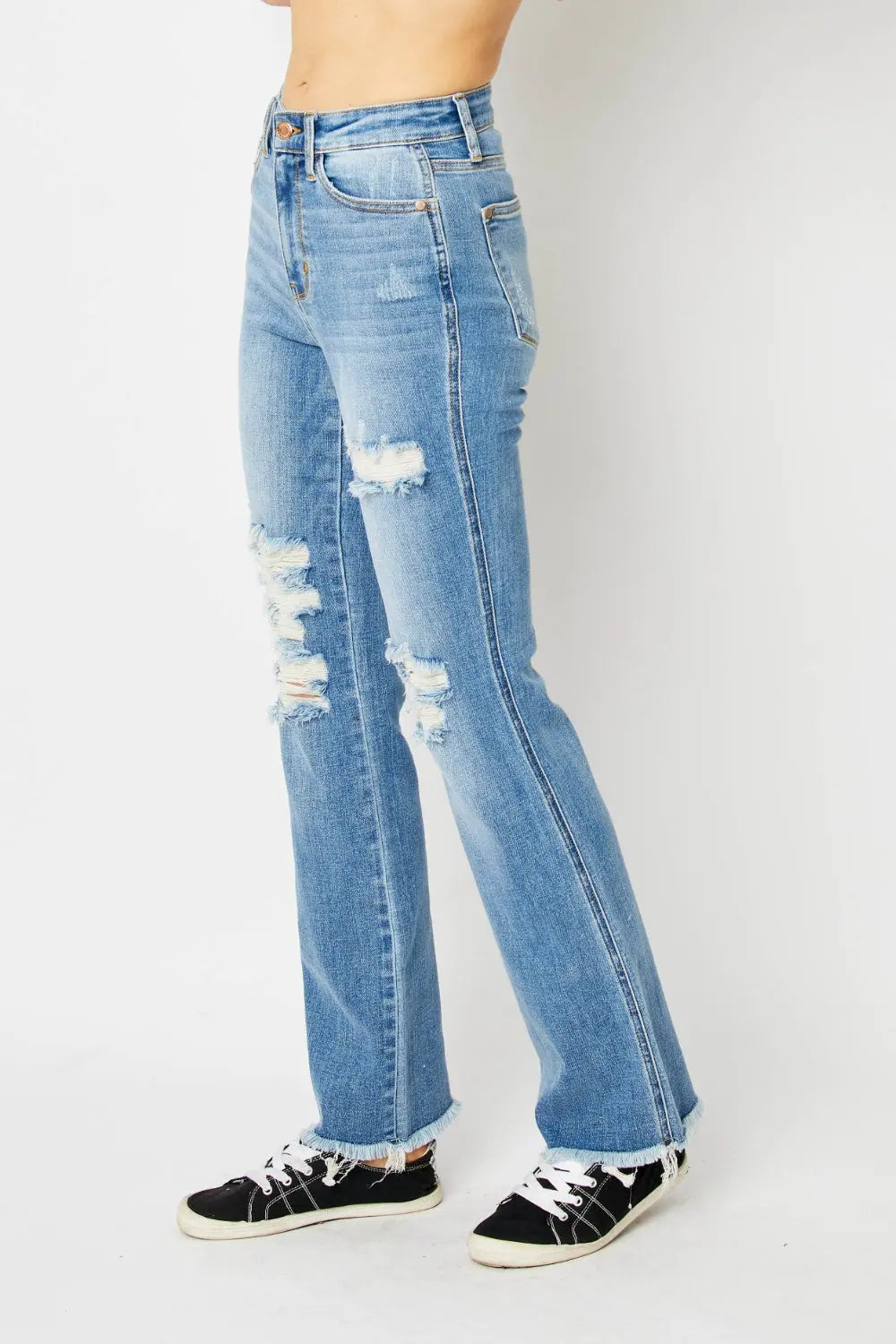 Judy Blue Full Size Distressed Raw Hem Bootcut Jeans - Kittybear Krafts