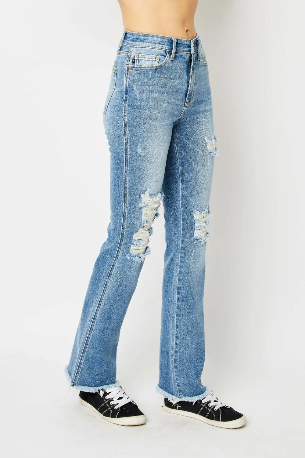 Judy Blue Full Size Distressed Raw Hem Bootcut Jeans - Kittybear Krafts