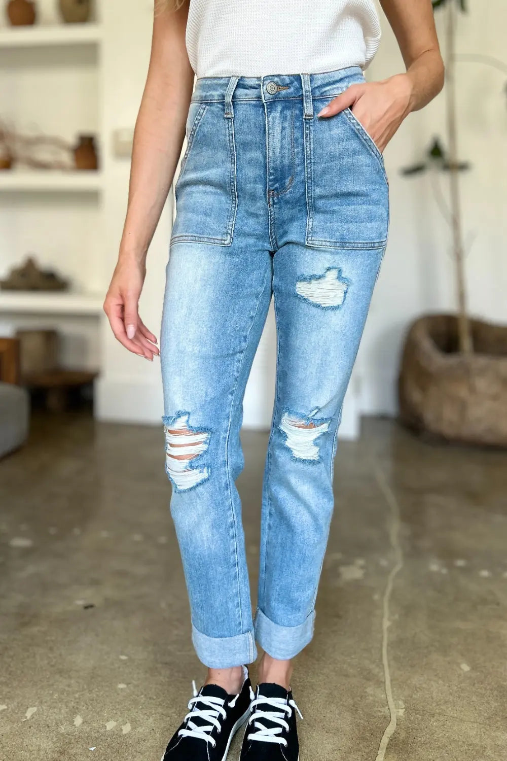 Judy Blue Full Size Distressed Straight Jeans with Patch Pockets - Kittybear Krafts