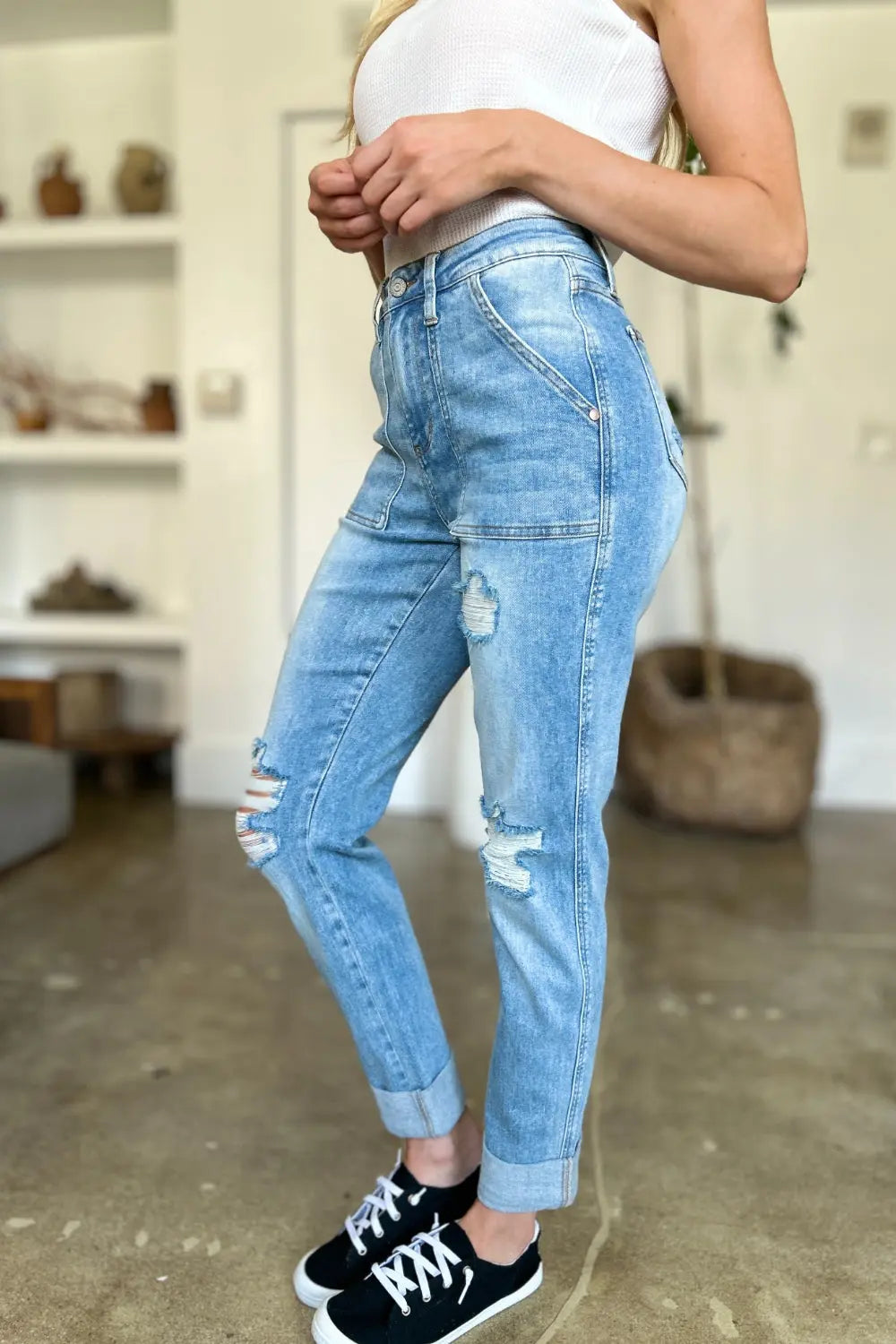 Judy Blue Full Size Distressed Straight Jeans with Patch Pockets - Kittybear Krafts