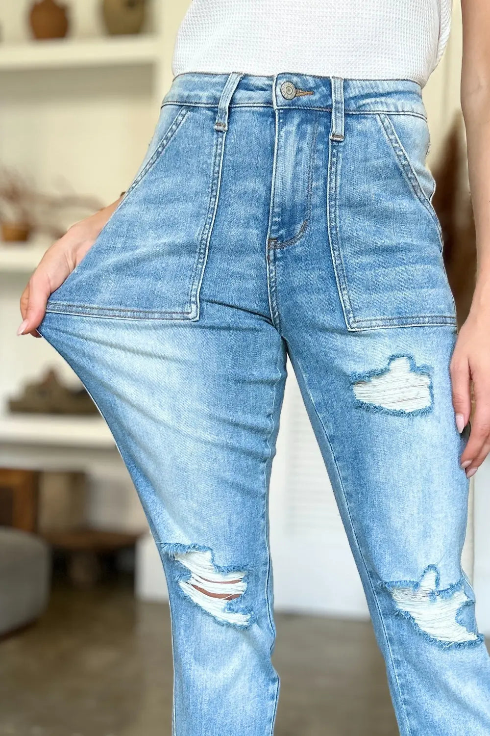 Judy Blue Full Size Distressed Straight Jeans with Patch Pockets - Kittybear Krafts