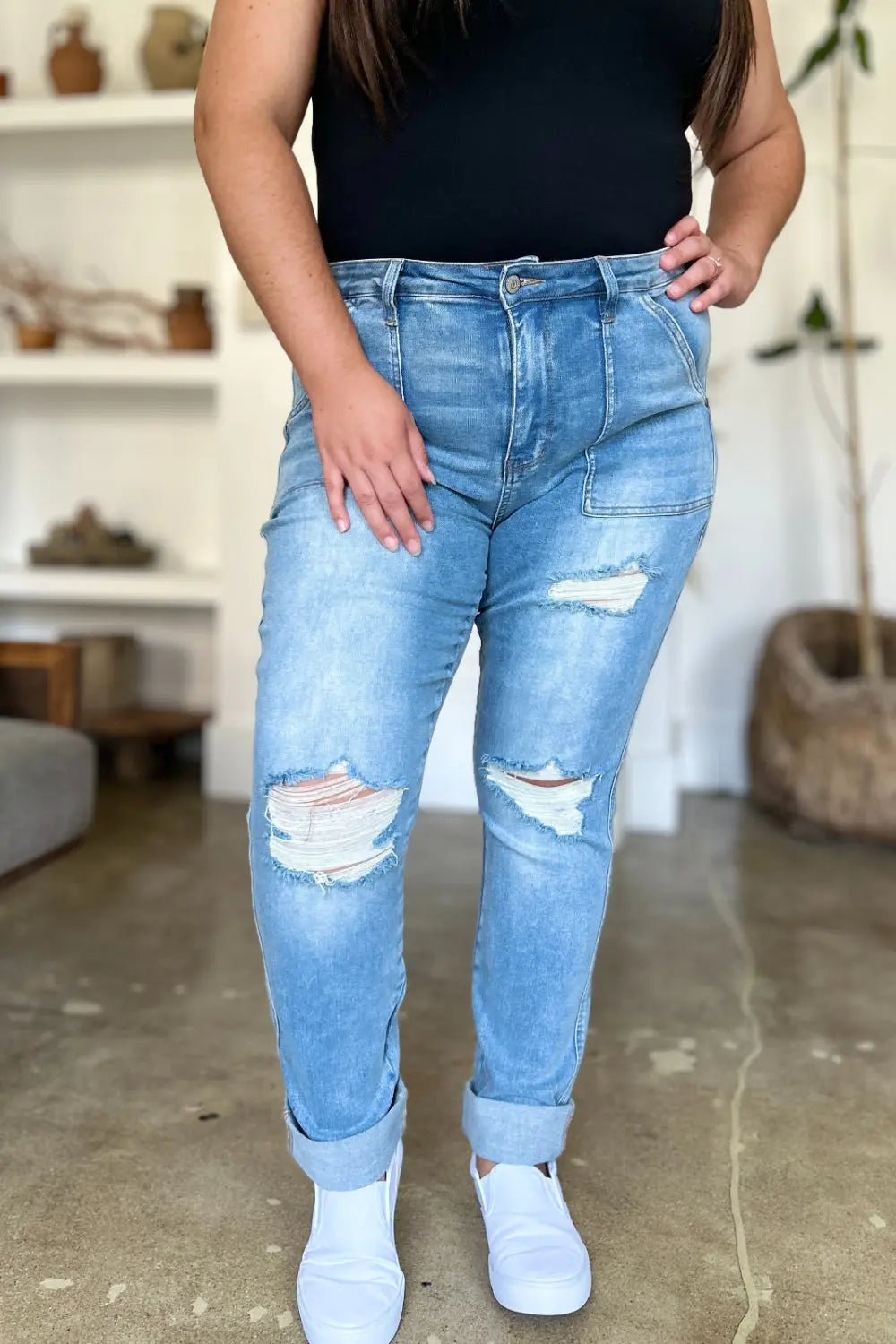 Judy Blue Full Size Distressed Straight Jeans with Patch Pockets - Kittybear Krafts