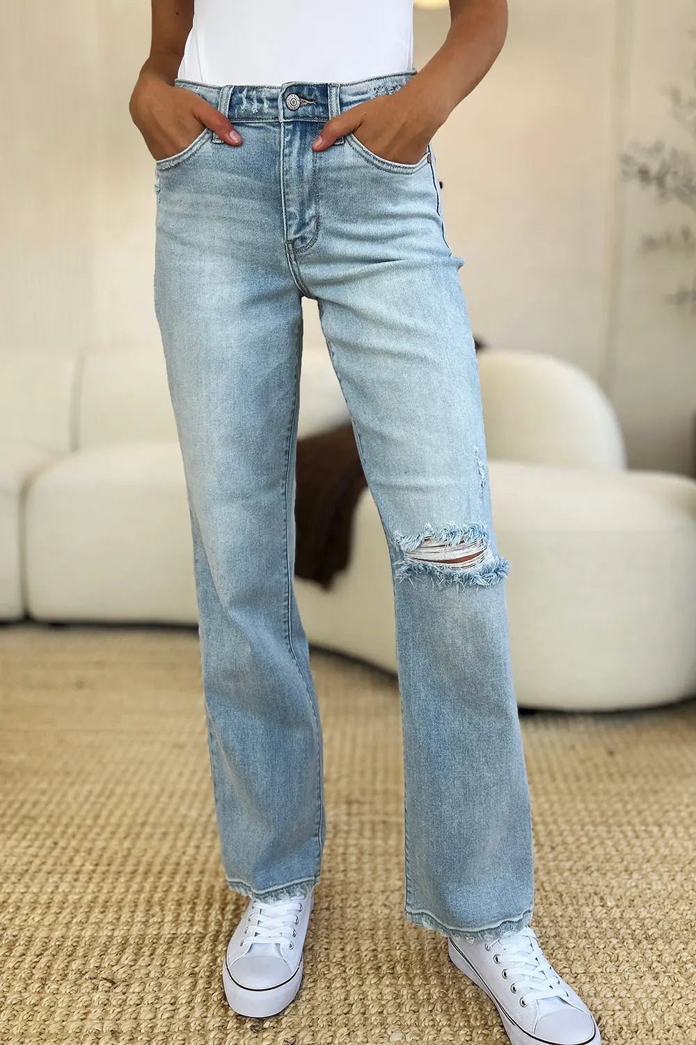 Judy Blue Full Size High Waist Distressed Straight Jeans - Kittybear Krafts