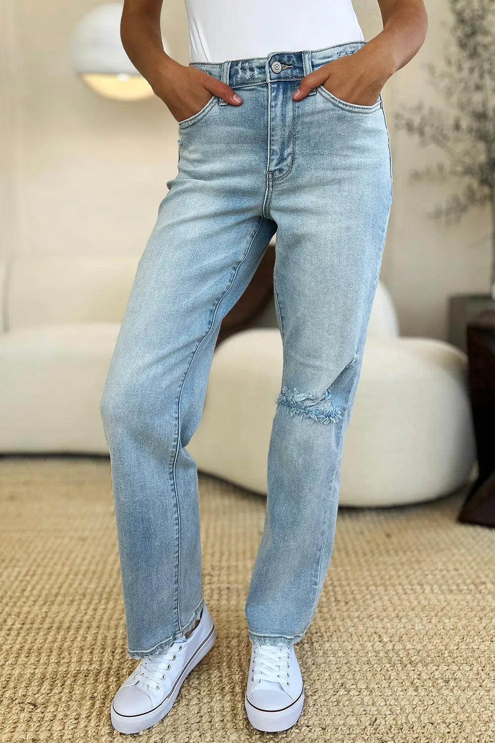 Judy Blue Full Size High Waist Distressed Straight Jeans - Kittybear Krafts