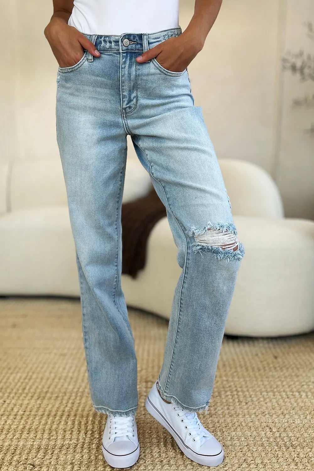 Judy Blue Full Size High Waist Distressed Straight Jeans - Kittybear Krafts