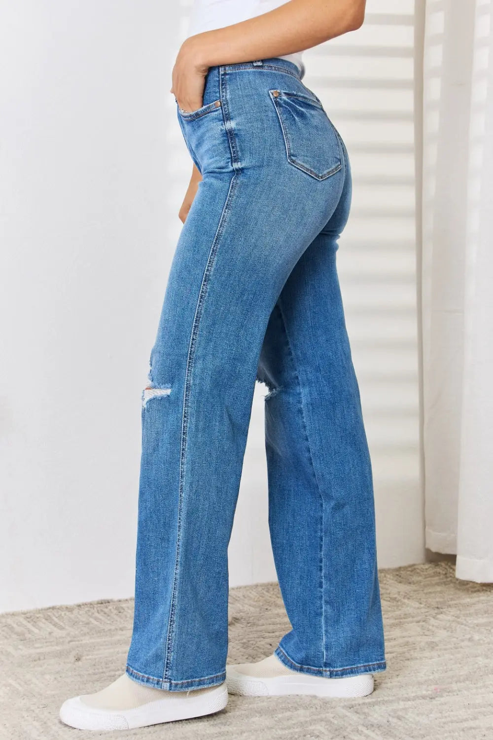 Judy Blue Full Size High Waist Distressed Straight-Leg Jeans Trendsi