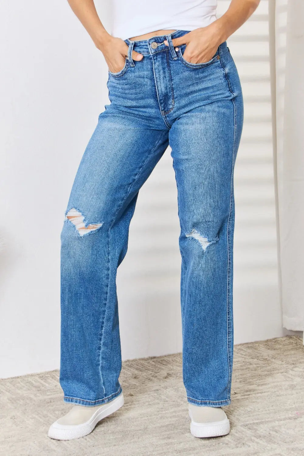 Judy Blue Full Size High Waist Distressed Straight-Leg Jeans Trendsi