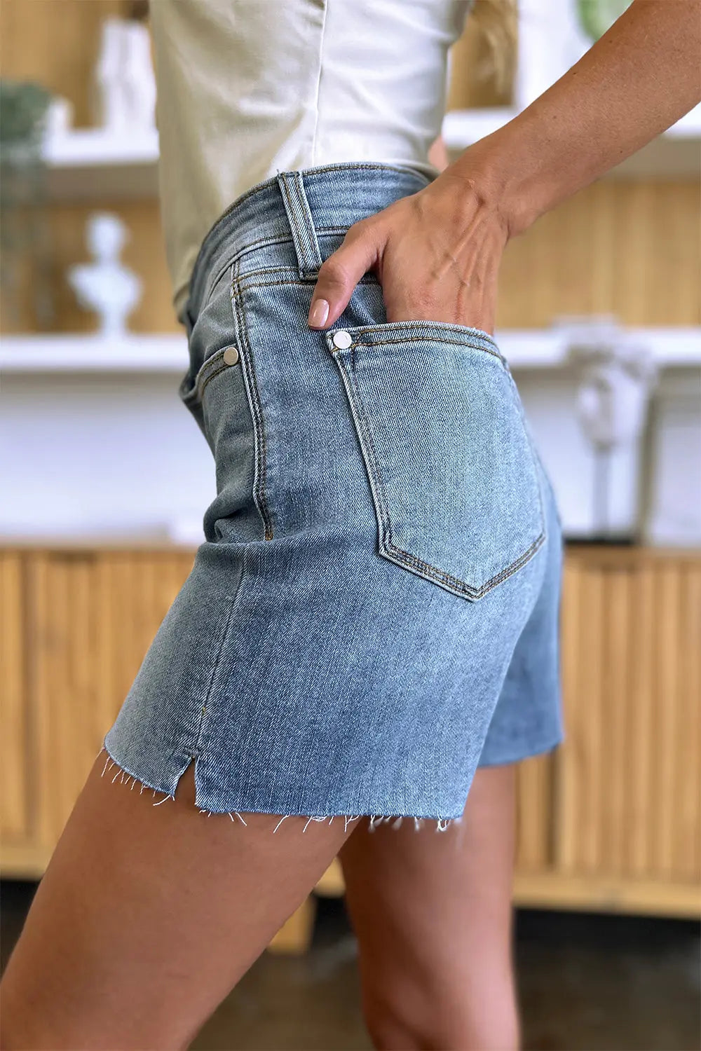 Judy Blue Full Size High Waist Raw Hem Denim Shorts Trendsi