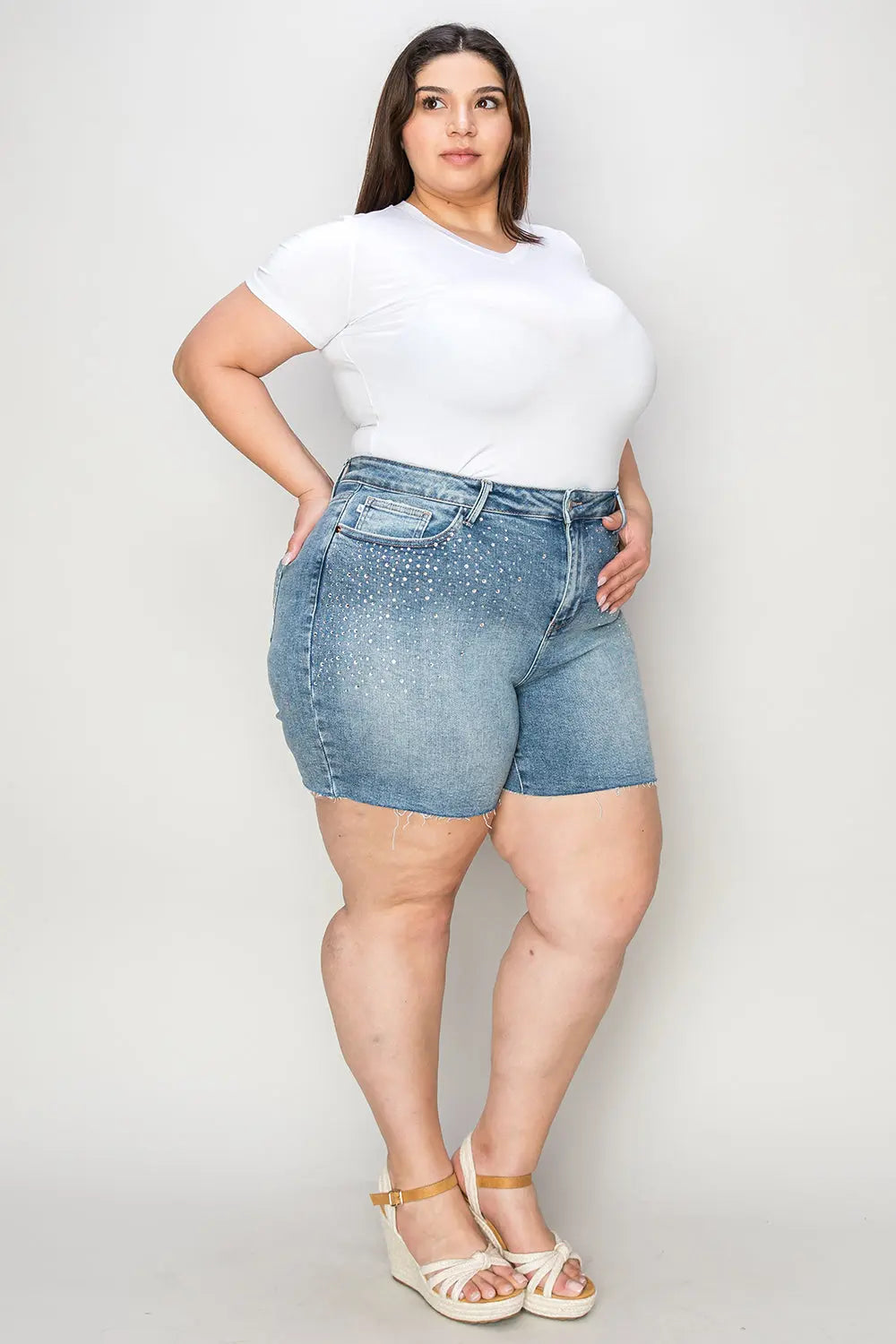 Judy Blue Full Size High Waist Raw Hem Denim Shorts Trendsi