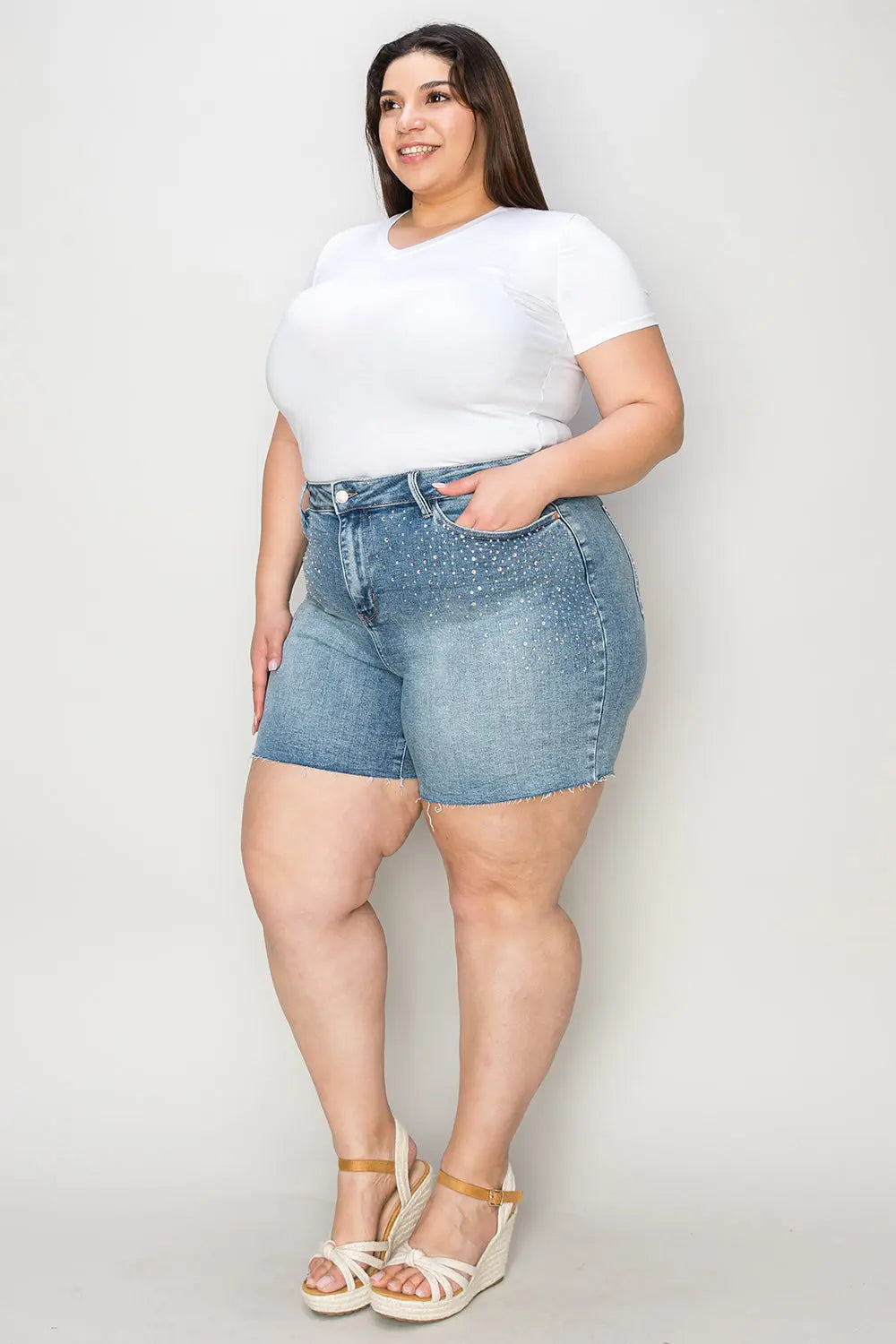 Judy Blue Full Size High Waist Raw Hem Denim Shorts Trendsi