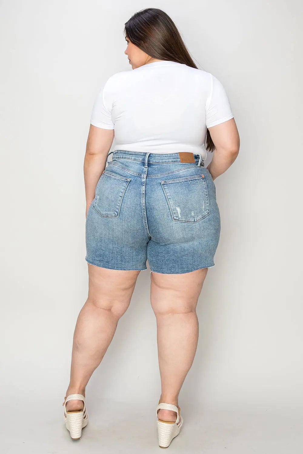 Judy Blue Full Size High Waist Raw Hem Denim Shorts Trendsi