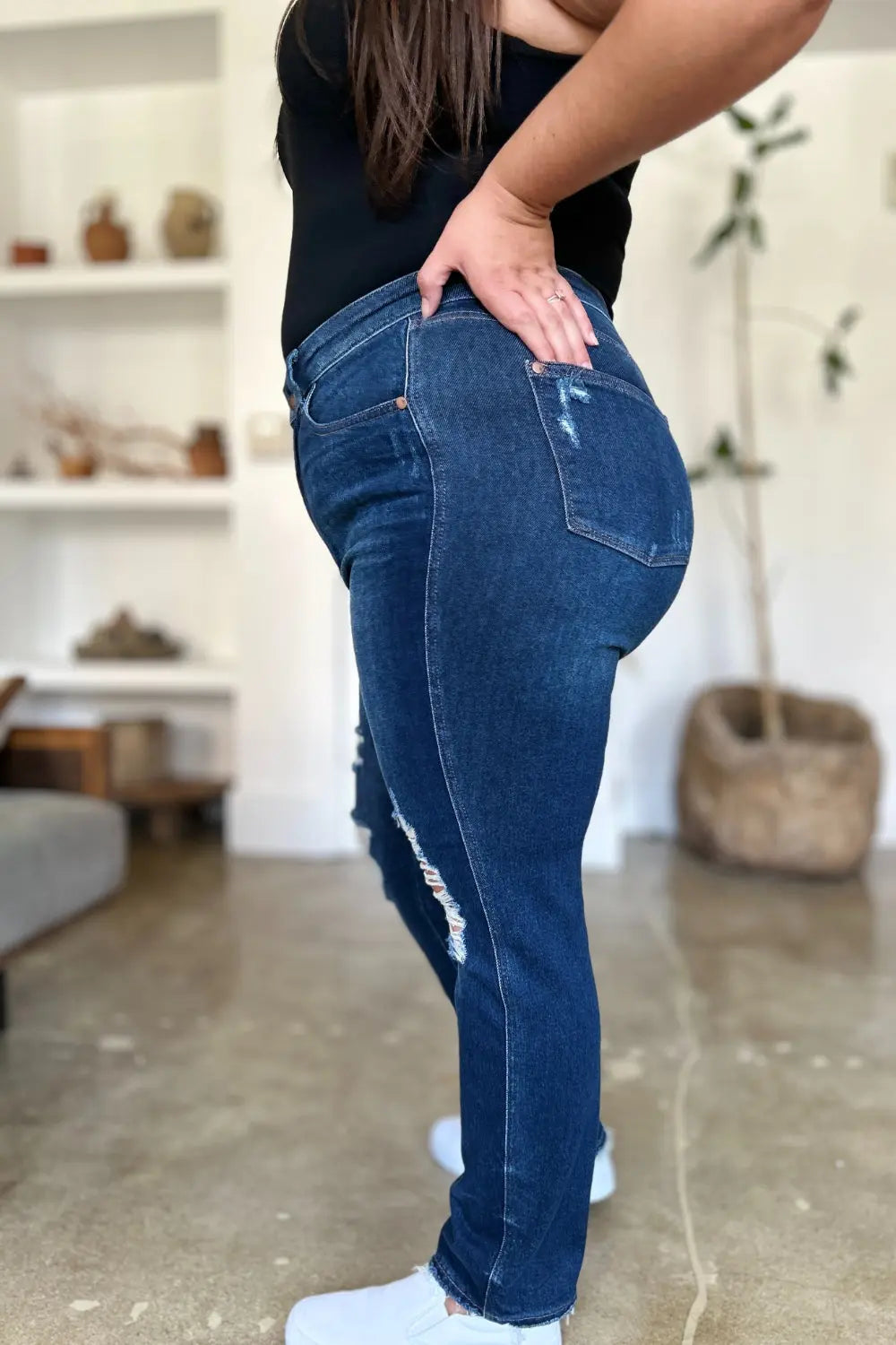 Judy Blue Full Size High Waist Rigid Magic Heavy Destroy Straight Jeans - Kittybear Krafts