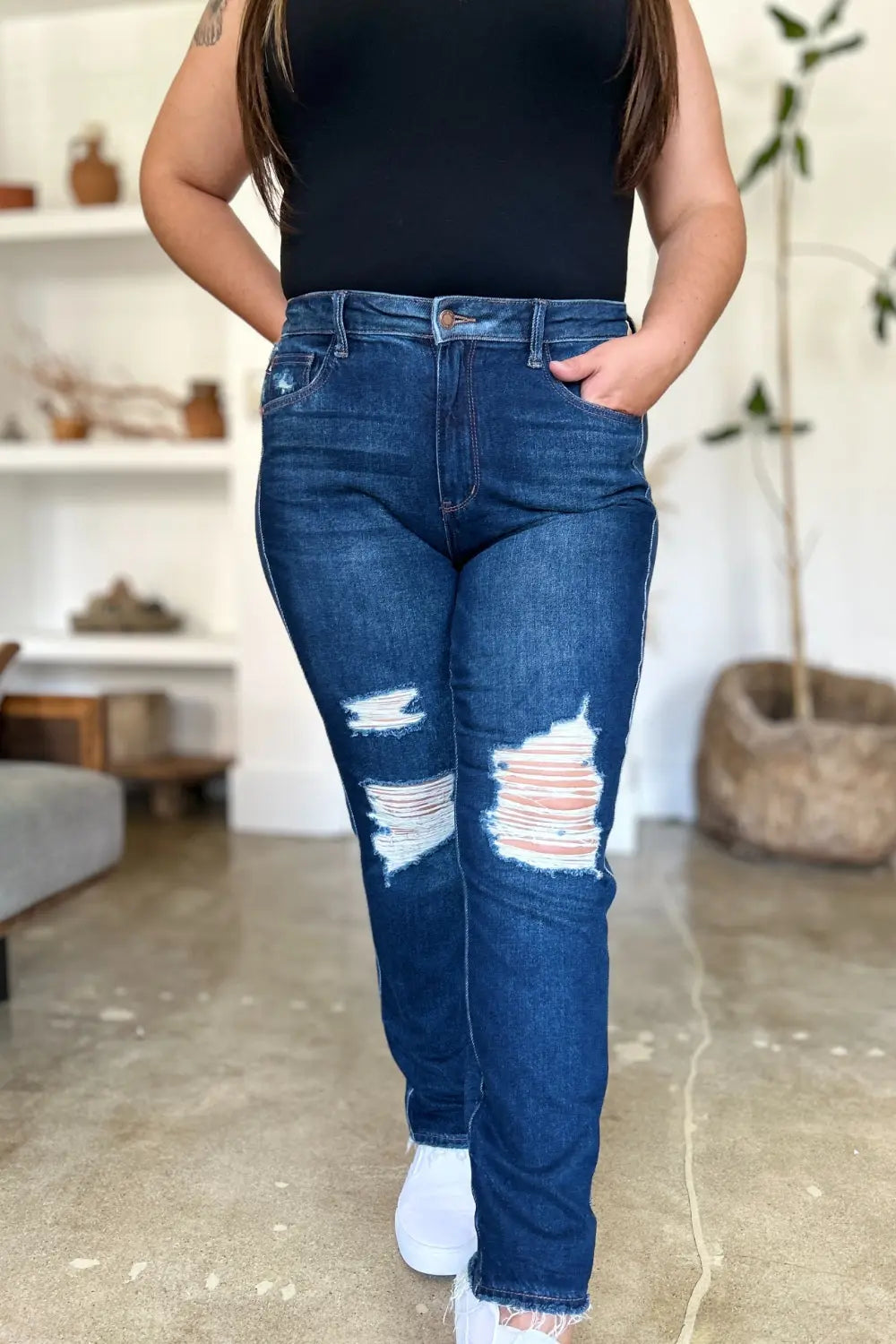 Judy Blue Full Size High Waist Rigid Magic Heavy Destroy Straight Jeans - Kittybear Krafts