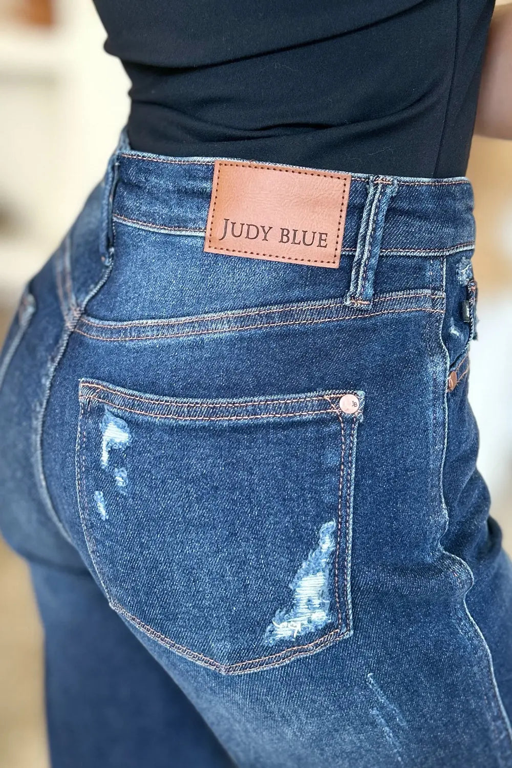 Judy Blue Full Size High Waist Rigid Magic Heavy Destroy Straight Jeans - Kittybear Krafts