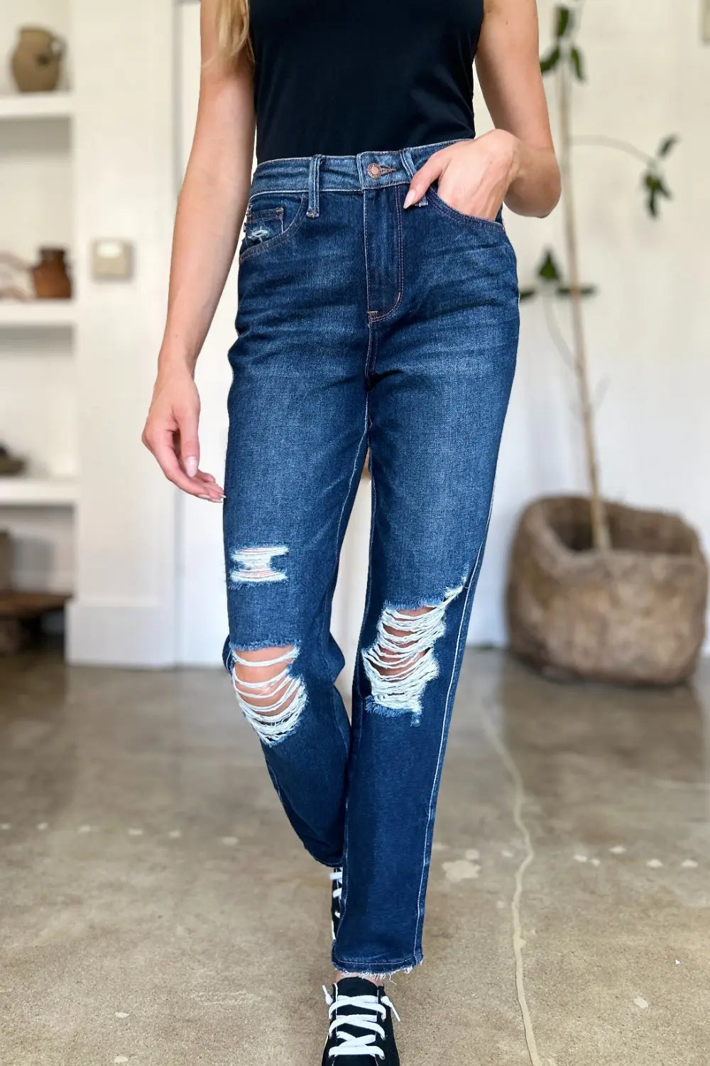 Judy Blue Full Size High Waist Rigid Magic Heavy Destroy Straight Jeans - Kittybear Krafts