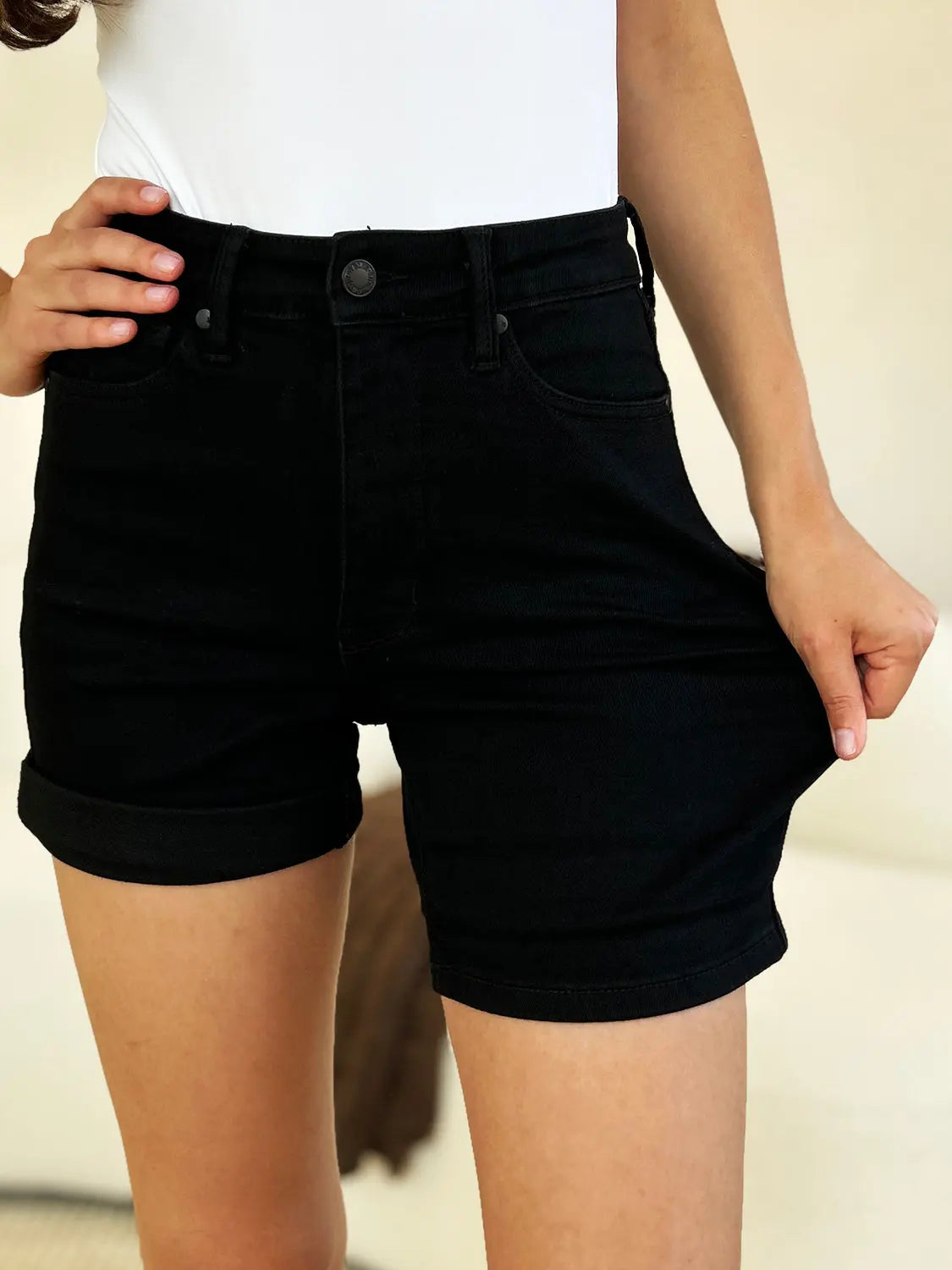 Judy Blue Full Size High Waist Tummy Control Cuffed Denim Shorts Trendsi