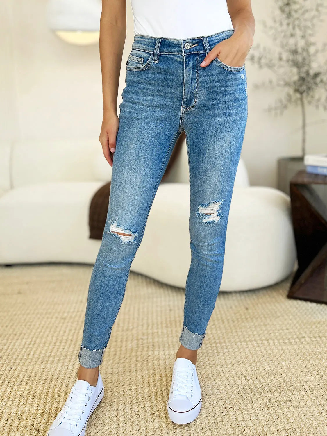 Judy Blue Full Size Mid Rise Destroy & Cuff Skinny Jeans - Kittybear Krafts