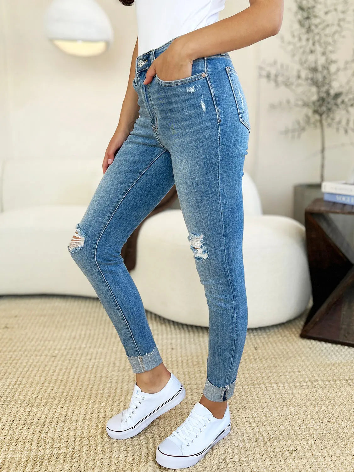 Judy Blue Full Size Mid Rise Destroy & Cuff Skinny Jeans - Kittybear Krafts