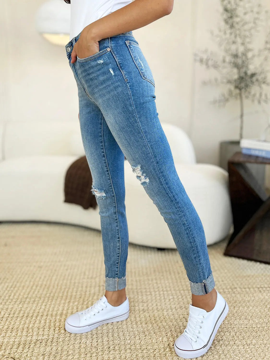 Judy Blue Full Size Mid Rise Destroy & Cuff Skinny Jeans - Kittybear Krafts