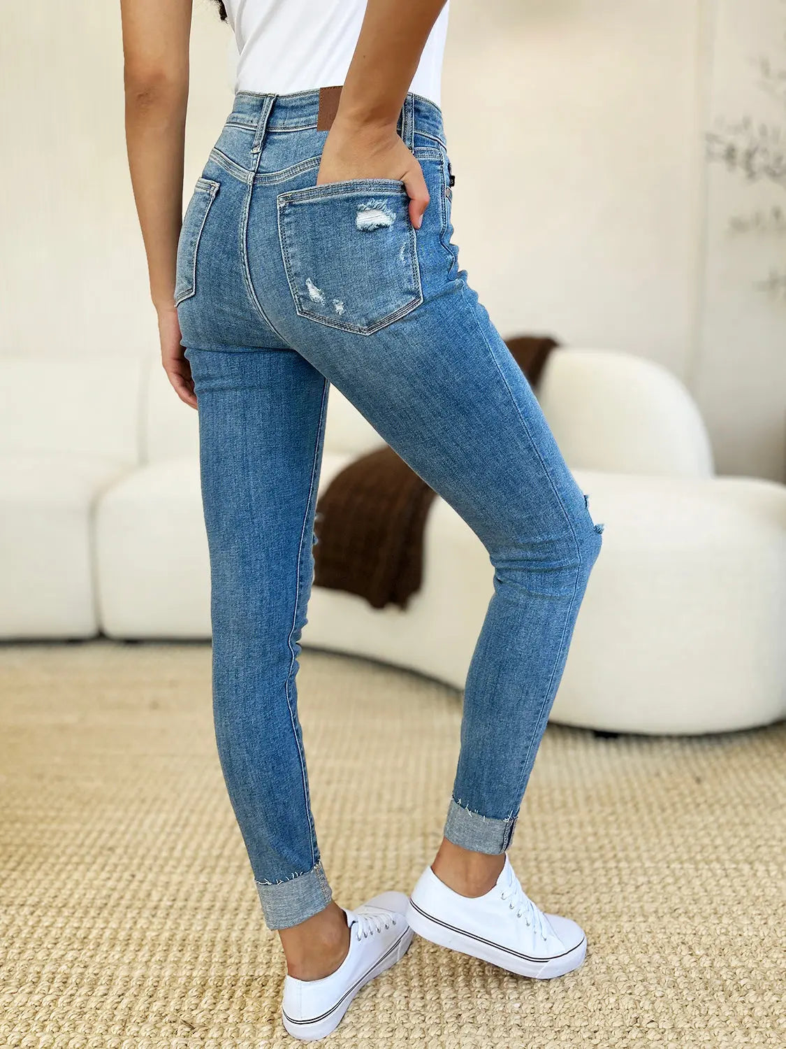 Judy Blue Full Size Mid Rise Destroy & Cuff Skinny Jeans - Kittybear Krafts