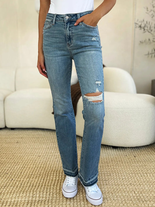 Judy Blue Full Size Mid Rise Destroyed Hem Distressed Jeans - Kittybear Krafts