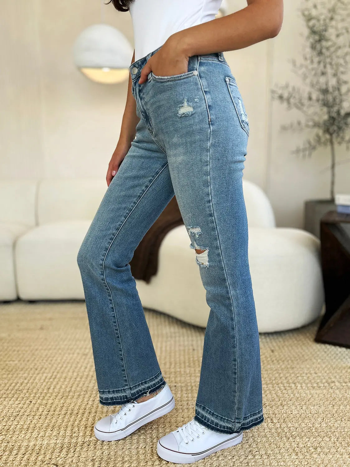 Judy Blue Full Size Mid Rise Destroyed Hem Distressed Jeans - Kittybear Krafts