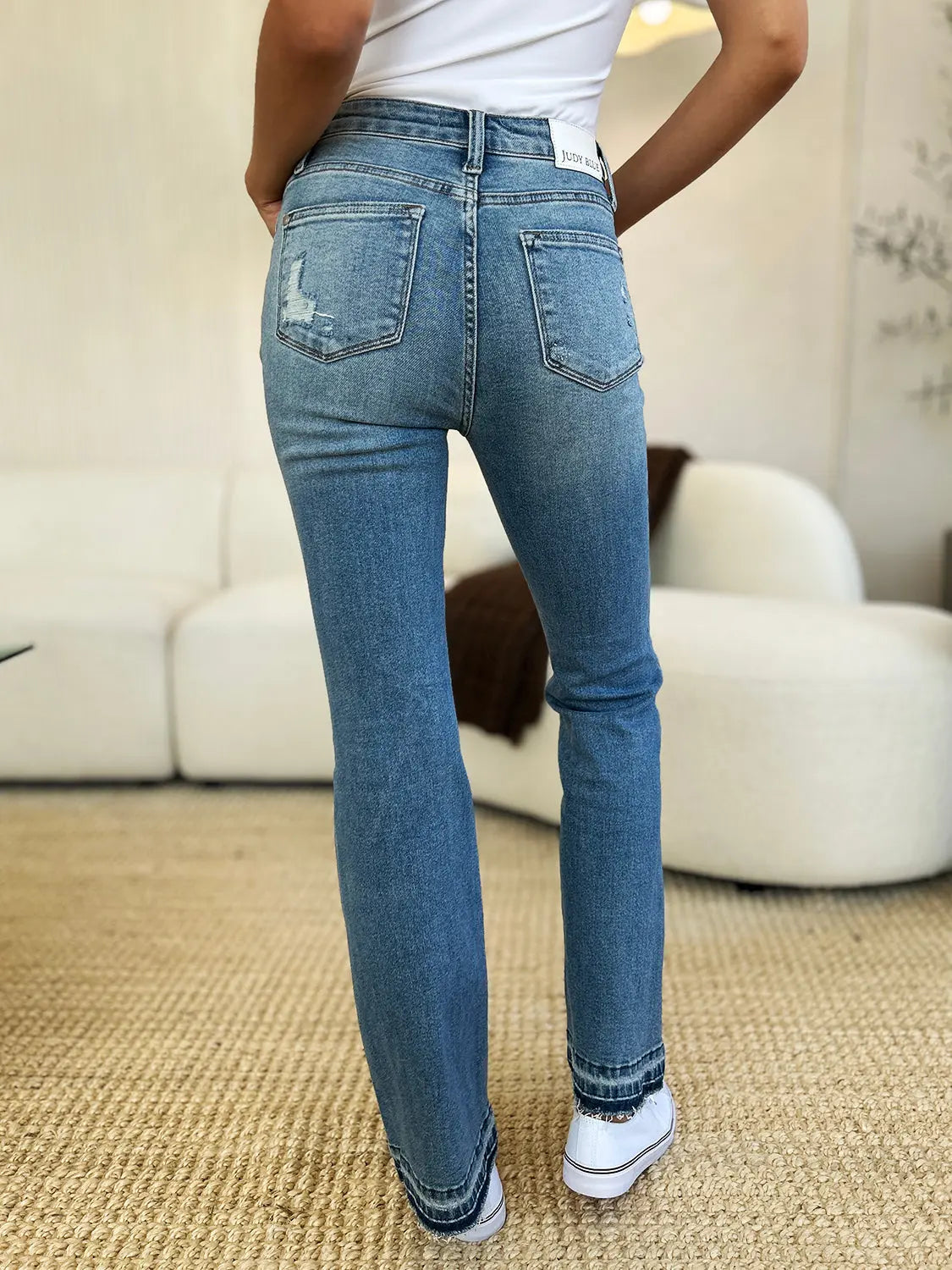 Judy Blue Full Size Mid Rise Destroyed Hem Distressed Jeans - Kittybear Krafts