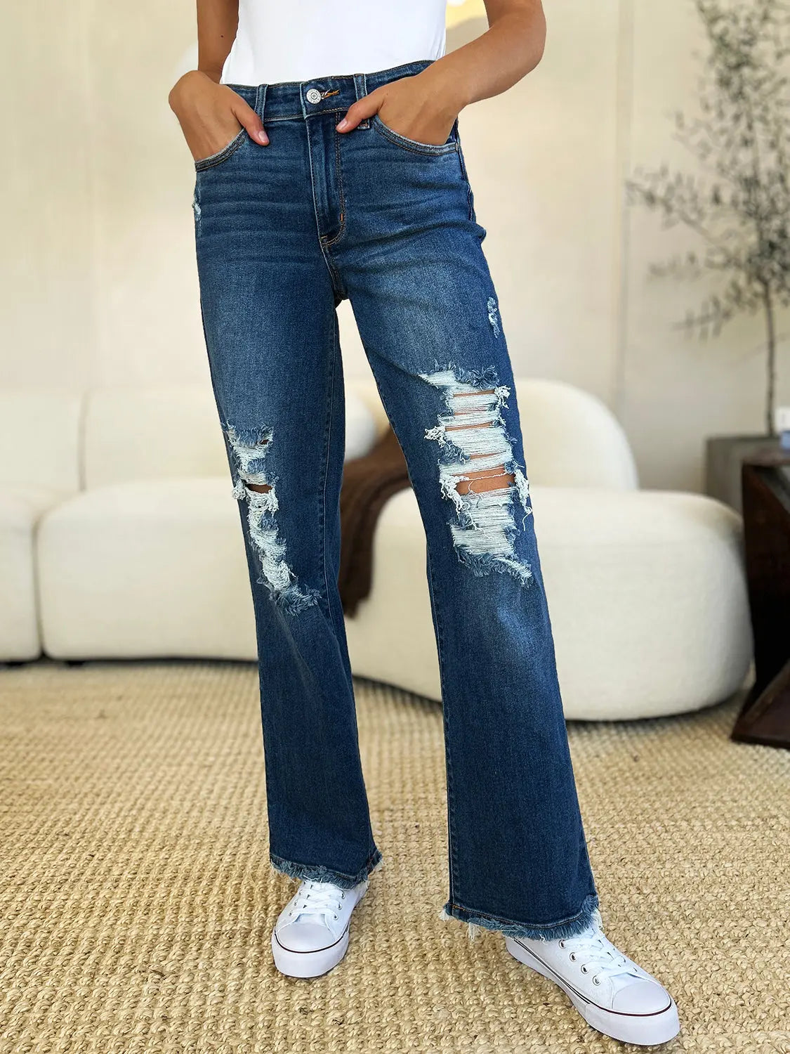 Judy Blue Full Size Mid Rise Distressed Raw Hem Jeans - Kittybear Krafts