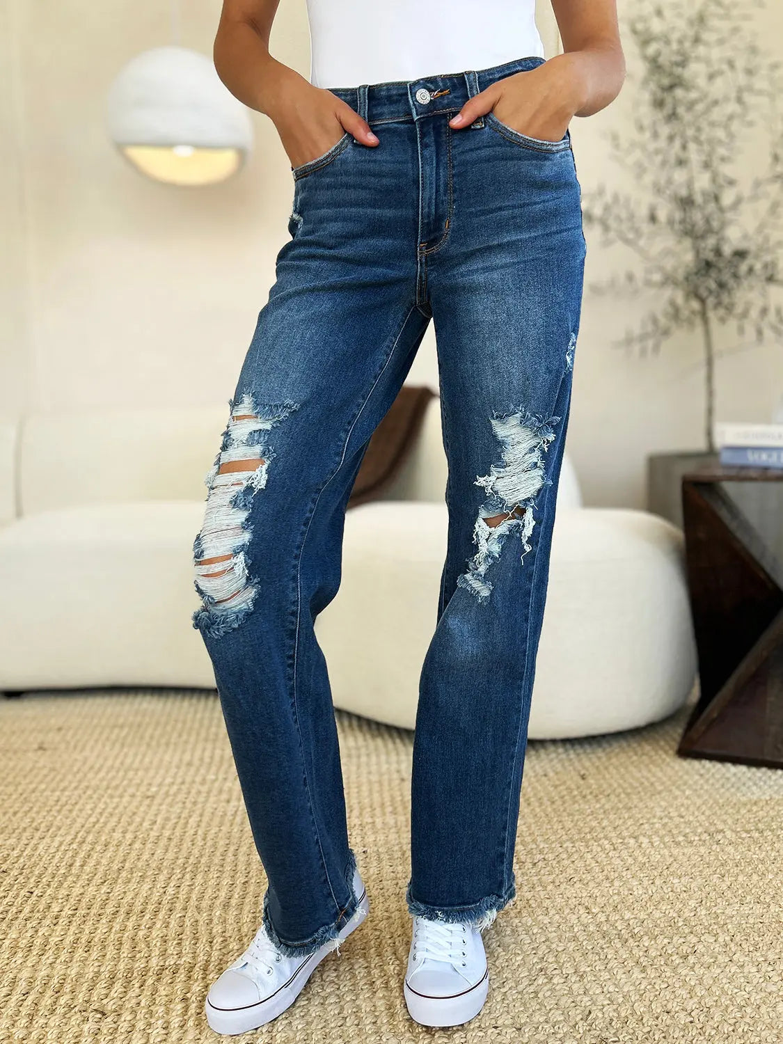 Judy Blue Full Size Mid Rise Distressed Raw Hem Jeans - Kittybear Krafts