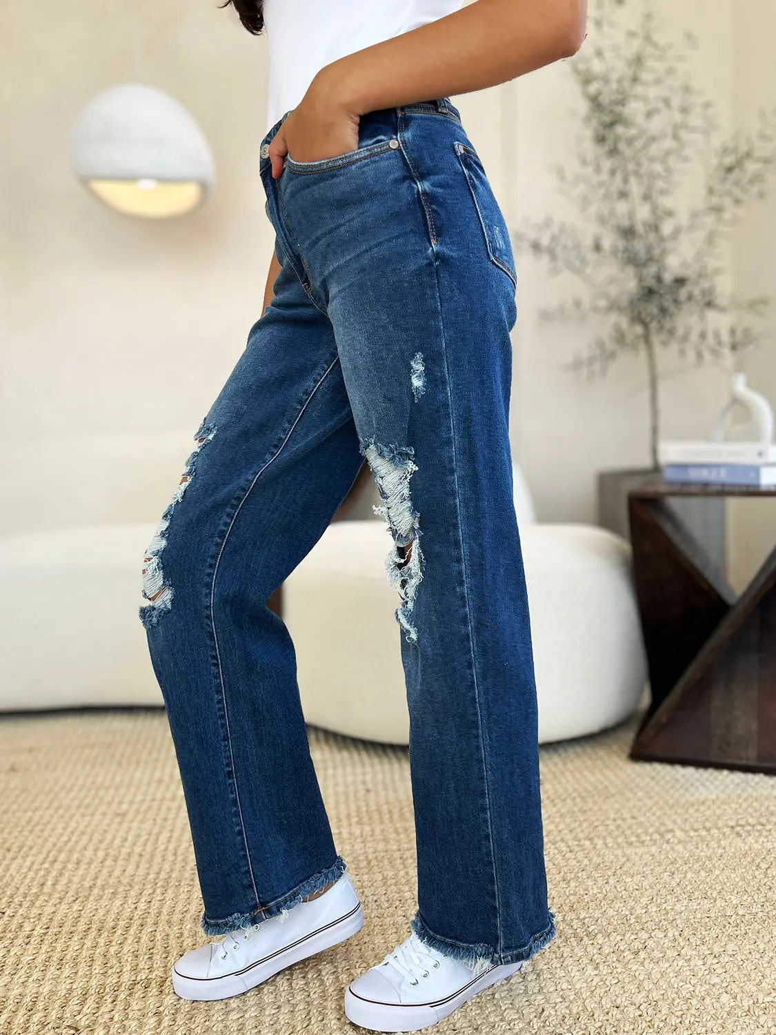 Judy Blue Full Size Mid Rise Distressed Raw Hem Jeans - Kittybear Krafts