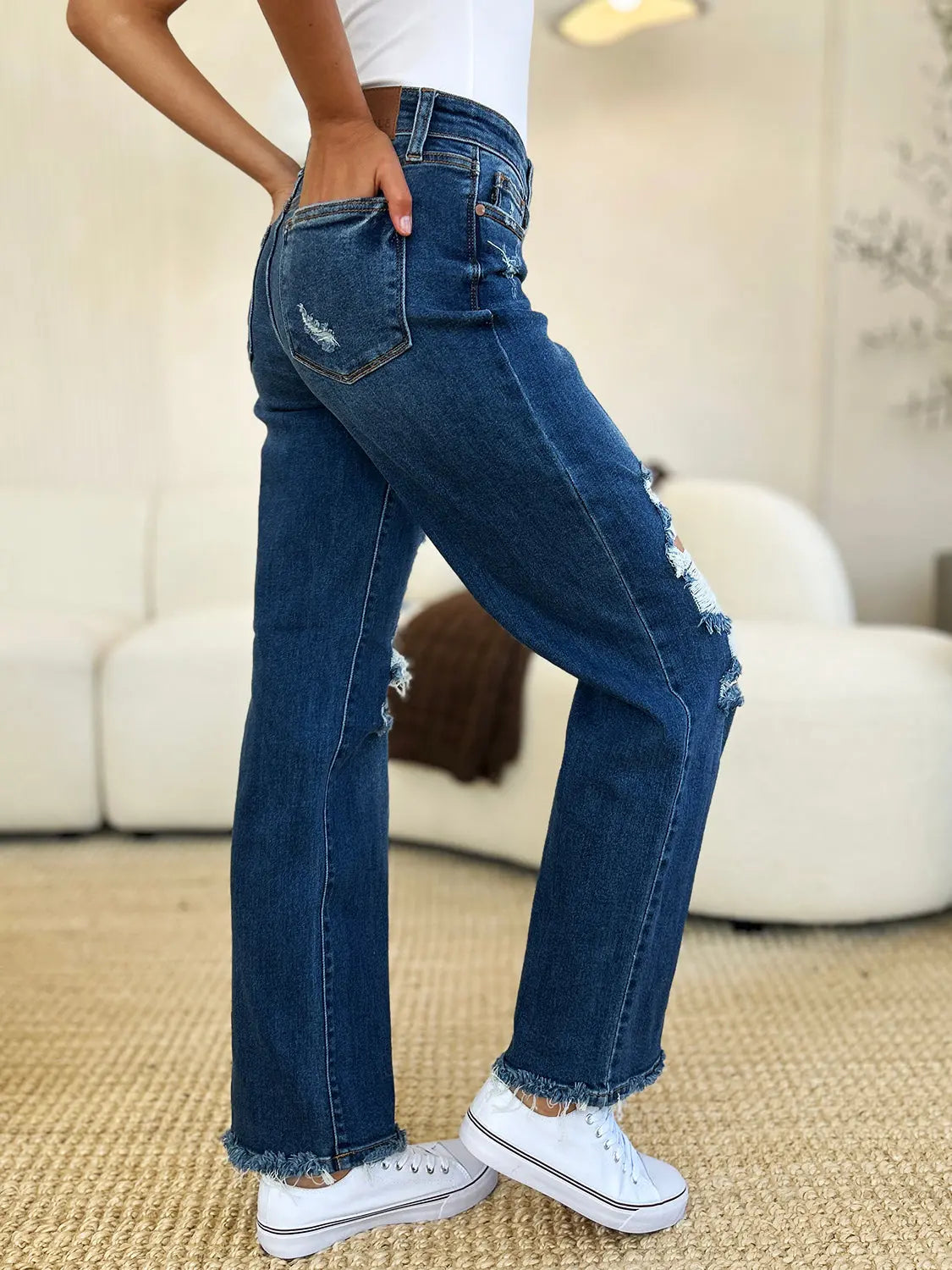 Judy Blue Full Size Mid Rise Distressed Raw Hem Jeans - Kittybear Krafts