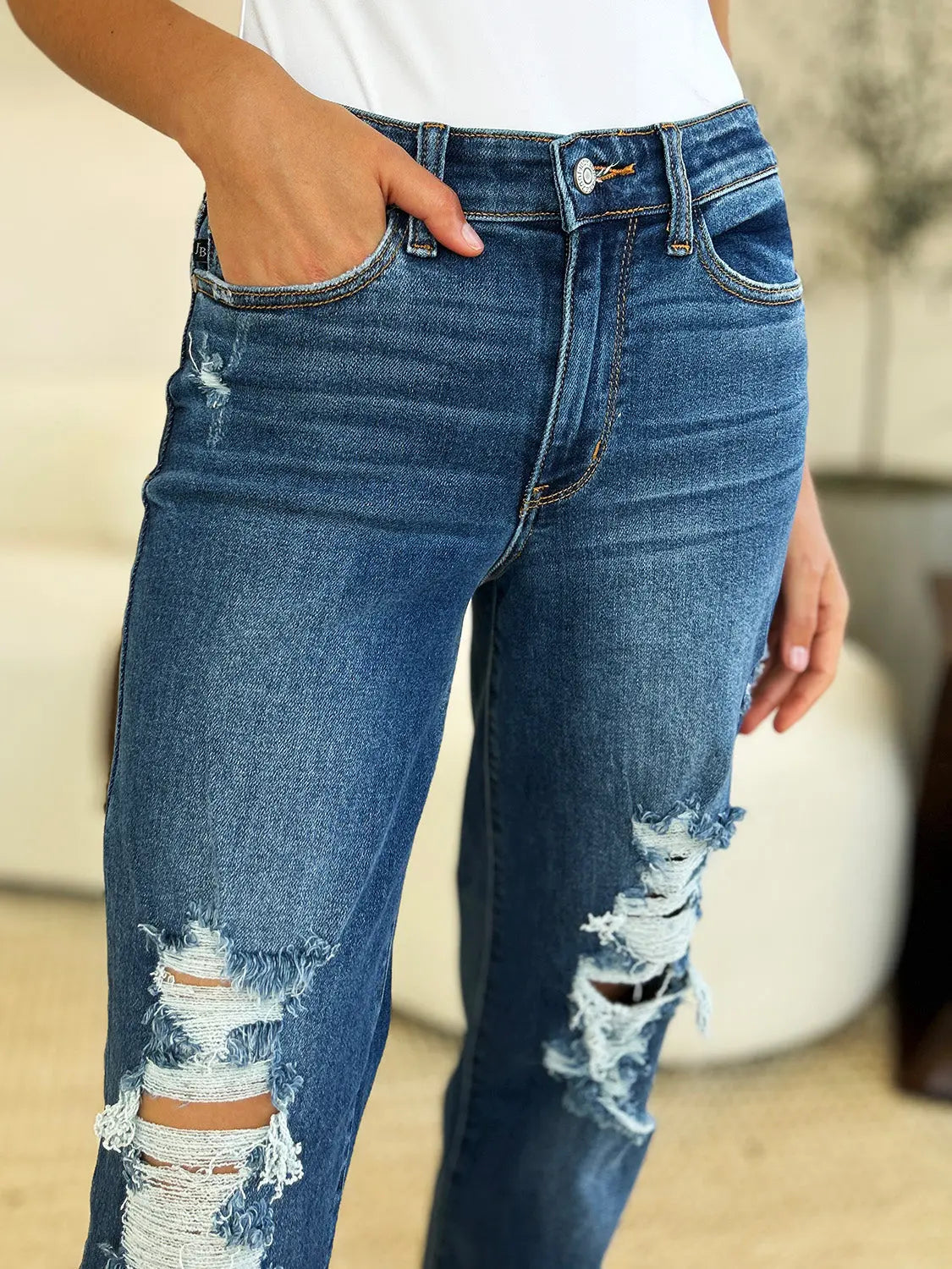 Judy Blue Full Size Mid Rise Distressed Raw Hem Jeans - Kittybear Krafts