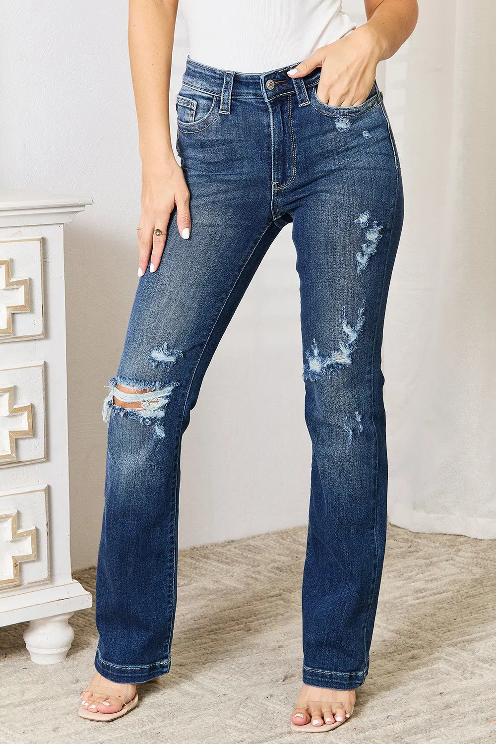 Judy Blue Full Size Mid Rise Hand Sand & Destroy Bootcut Jeans Trendsi