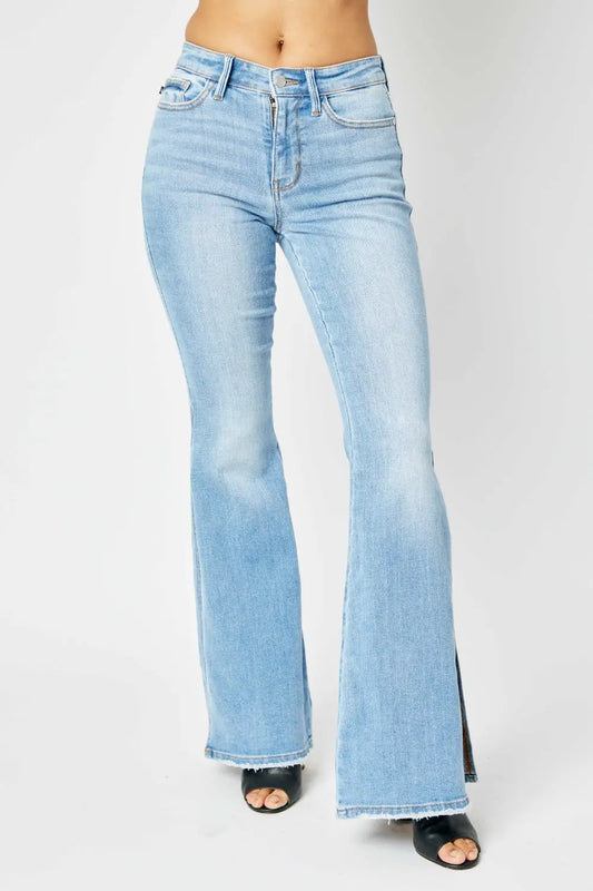 Judy Blue Full Size Mid Rise Raw Hem Slit Flare Jeans - Kittybear Krafts