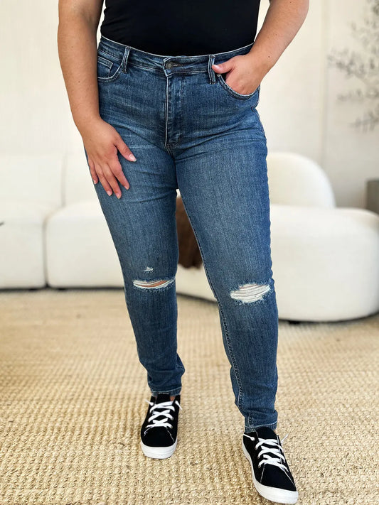 Judy Blue Full Size Mid Waist Distressed Slim Jeans - Kittybear Krafts