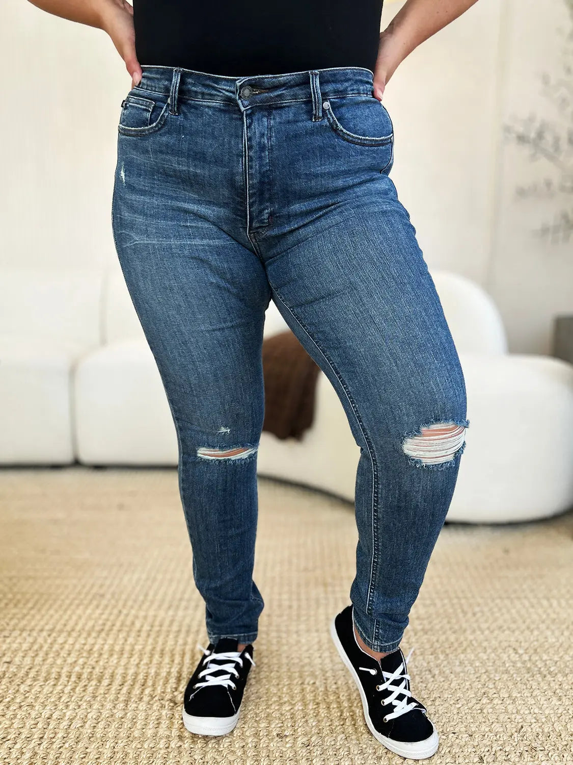 Judy Blue Full Size Mid Waist Distressed Slim Jeans - Kittybear Krafts