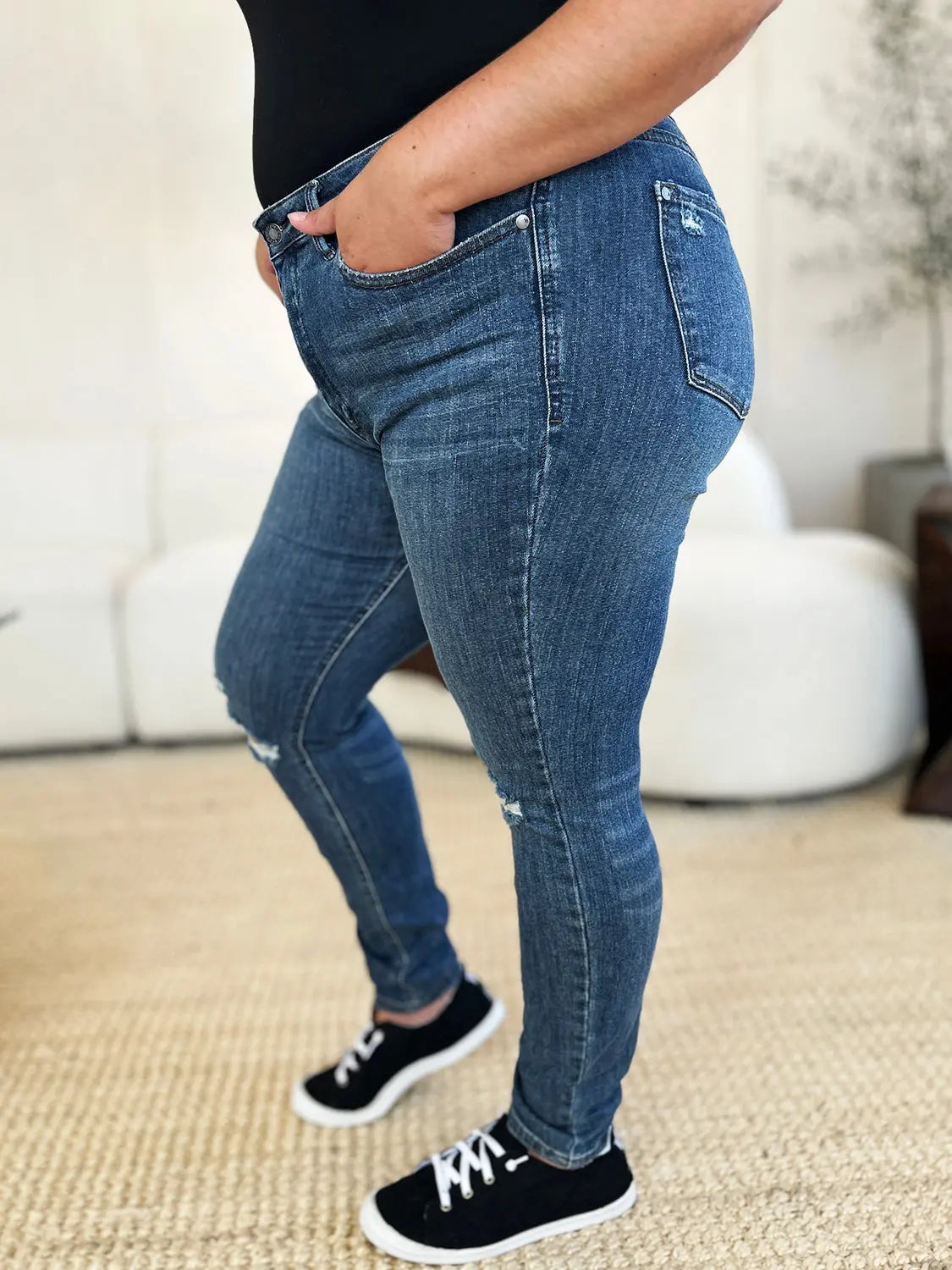 Judy Blue Full Size Mid Waist Distressed Slim Jeans - Kittybear Krafts