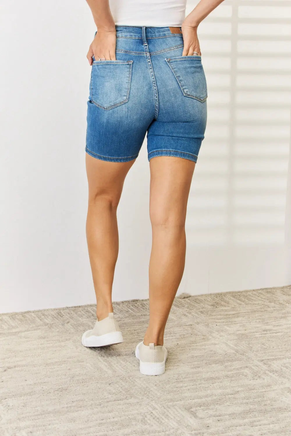 Judy Blue Full Size Tummy Control Double Button Bermuda Denim Shorts Trendsi