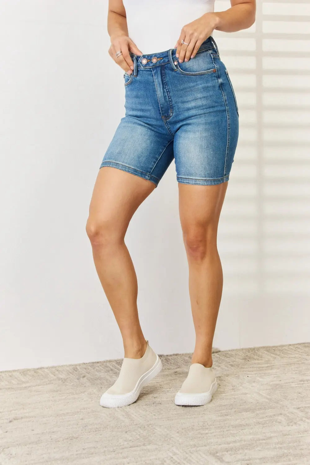 Judy Blue Full Size Tummy Control Double Button Bermuda Denim Shorts Trendsi